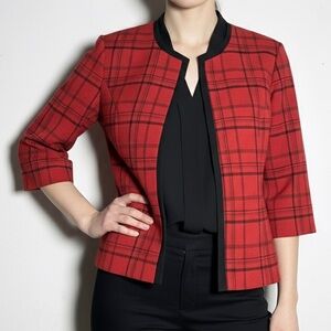 R&K Originals Petite Red Black Plaid Open Front Bolero Jacket 3/4 sleeve 12 NWOT
